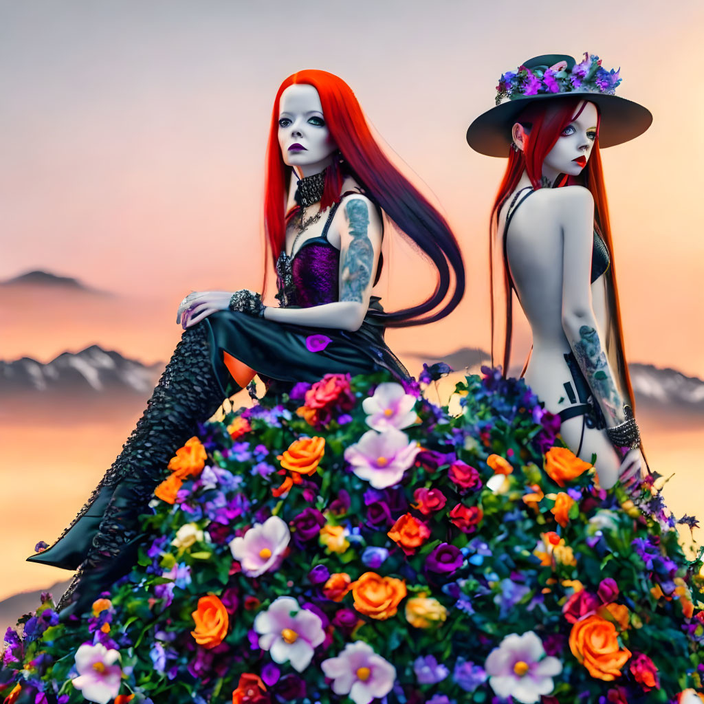 Two Red-Haired Women in Gothic Makeup Surrounded by Vibrant Flowers at Twilight