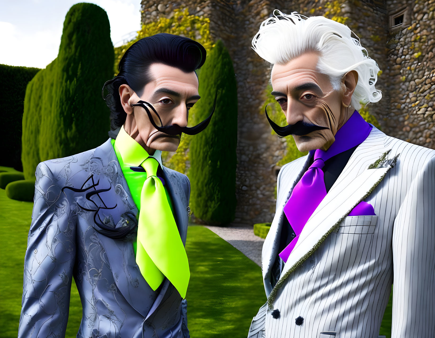 Colorful suits and exaggerated facial hair on male figures in front of a hedge