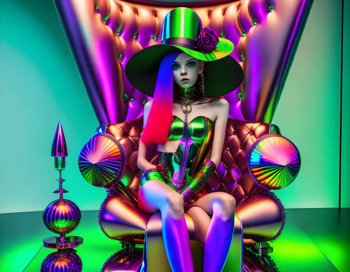 Vibrant purple-skinned female figure in colorful outfit and hat on luxurious chair with futuristic neon background