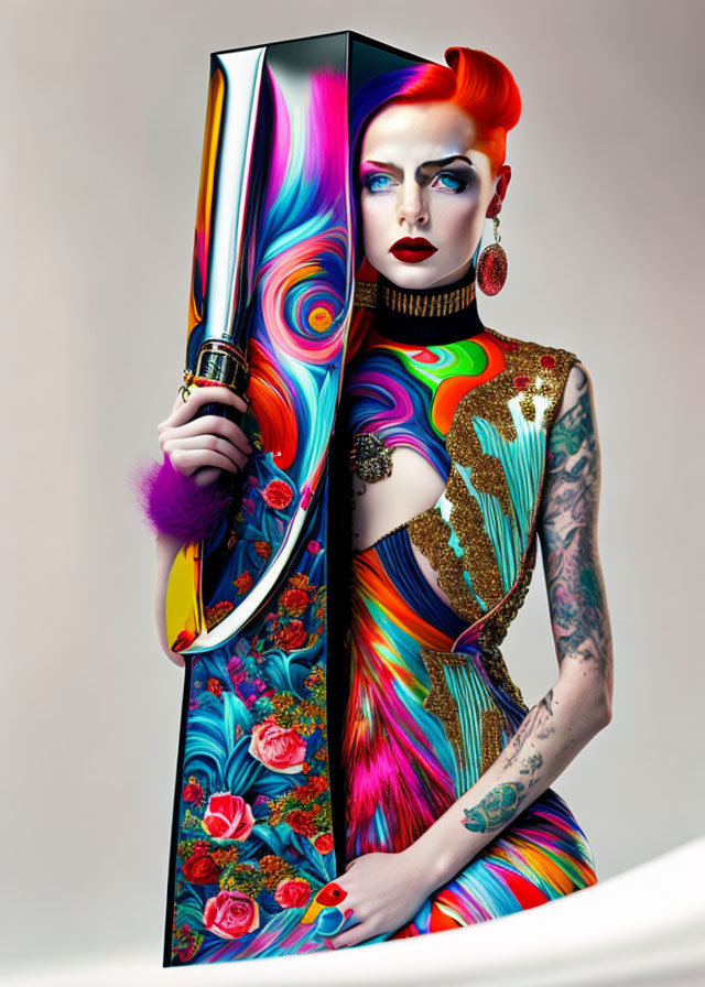 Colorful Avant-Garde Outfit and Bold Makeup in Mirror Portrait