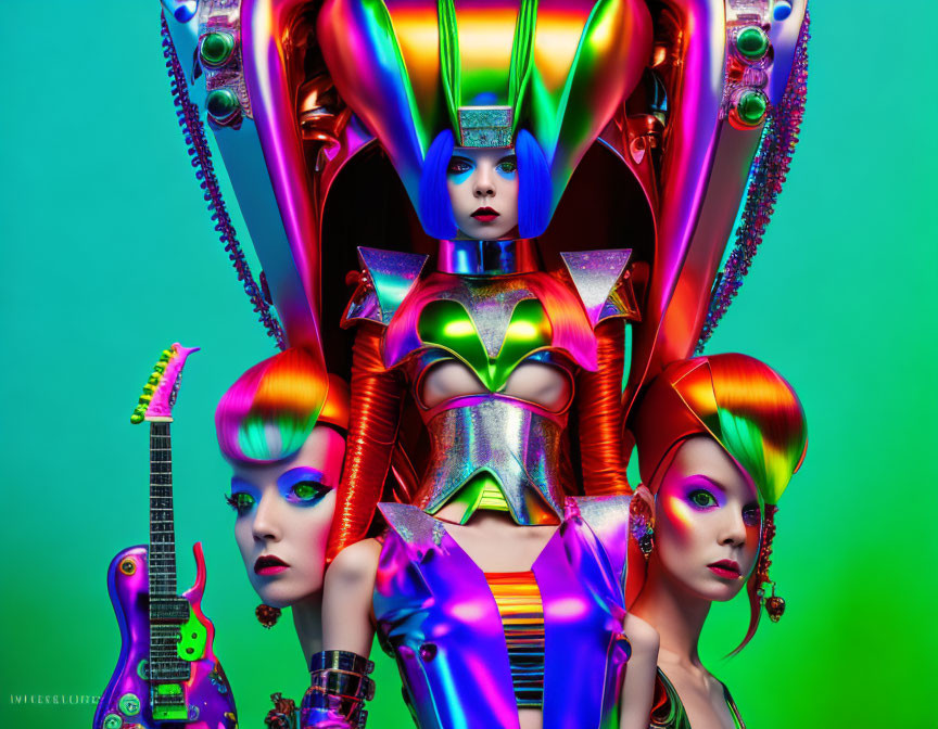 Three models in metallic, colorful costumes against green background with avant-garde headpieces and makeup