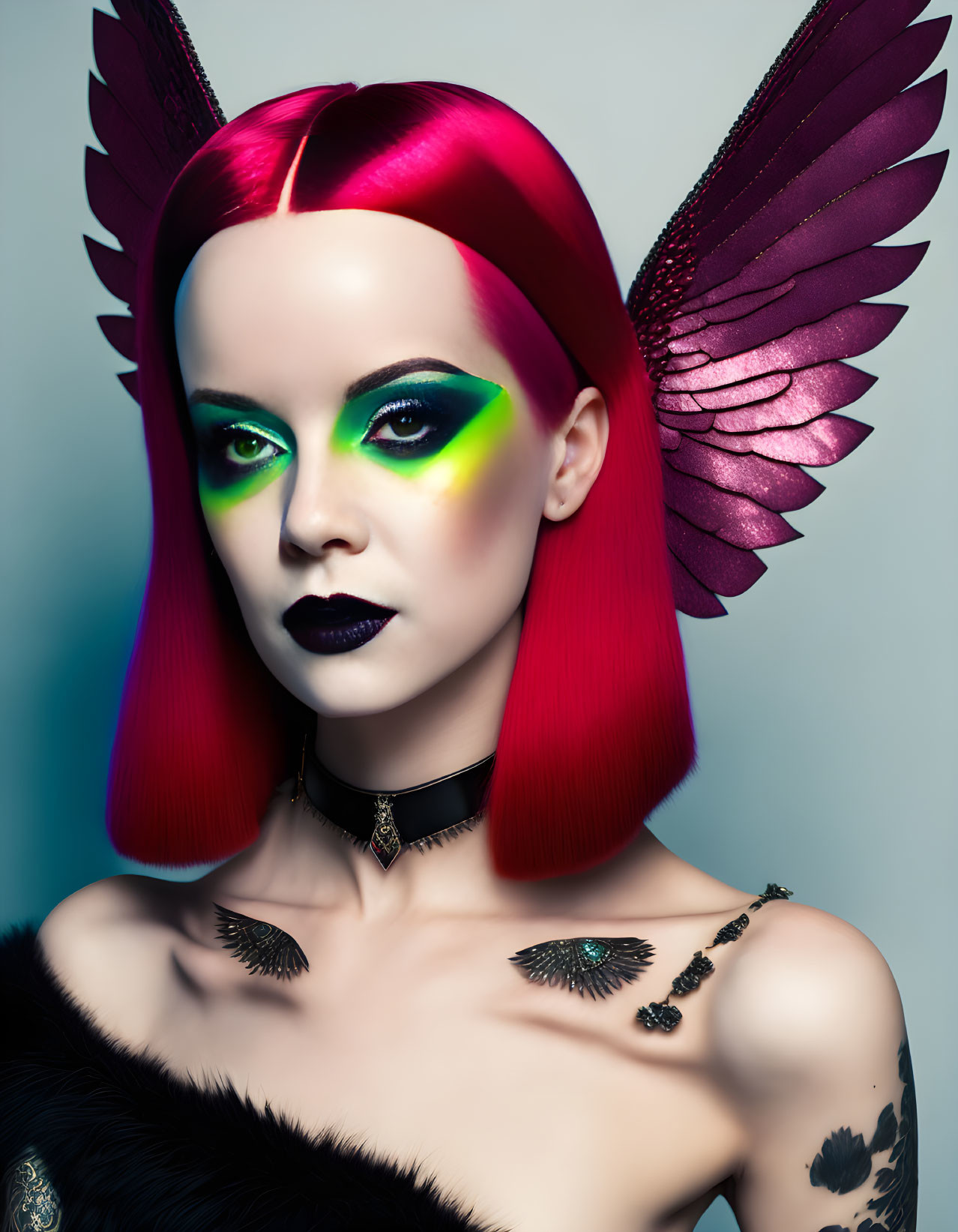 Red-haired woman with colorful eye makeup and dark feathered accessories in a fantasy setting