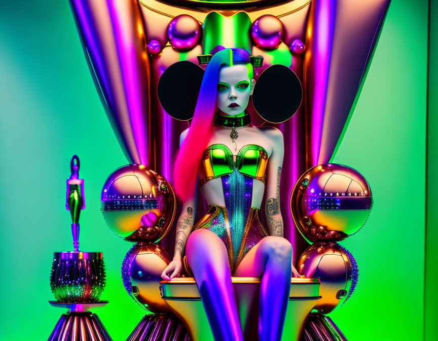 Futuristic green-skinned female figure on throne chair with neon lighting