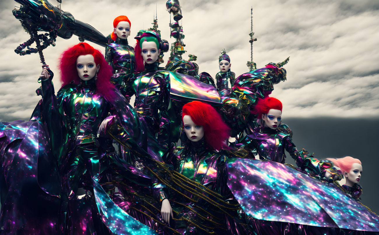 Multiple models with red hair in metallic clothing under dramatic sky