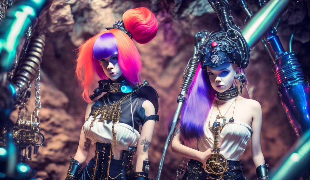 Purple-skinned futuristic females with cybernetic enhancements in steampunk attire in a cavernous setting