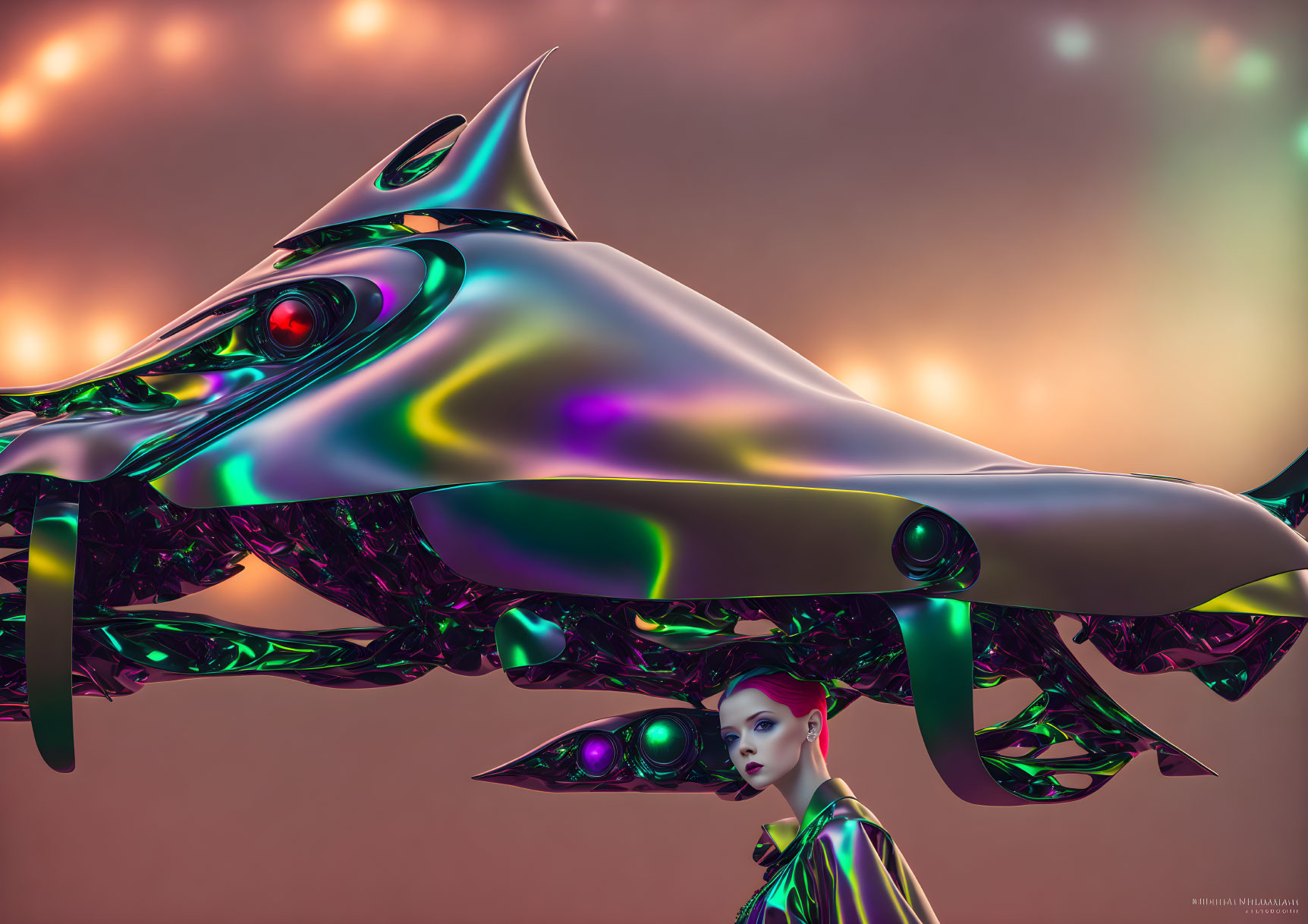 Futuristic image of person with metallic skin under iridescent spacecraft structure