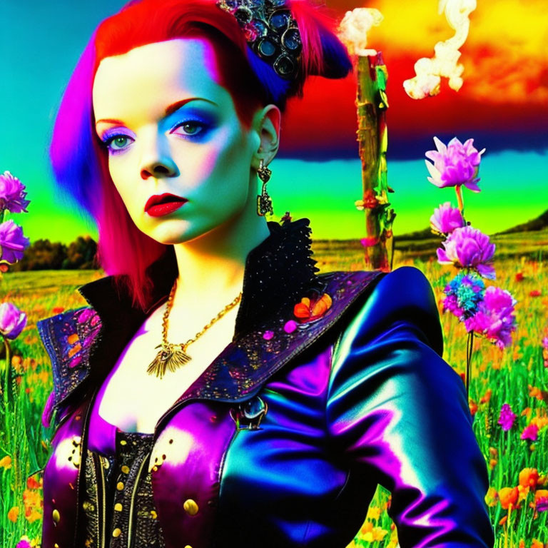 Colorful Woman with Purple Hair and Psychedelic Background