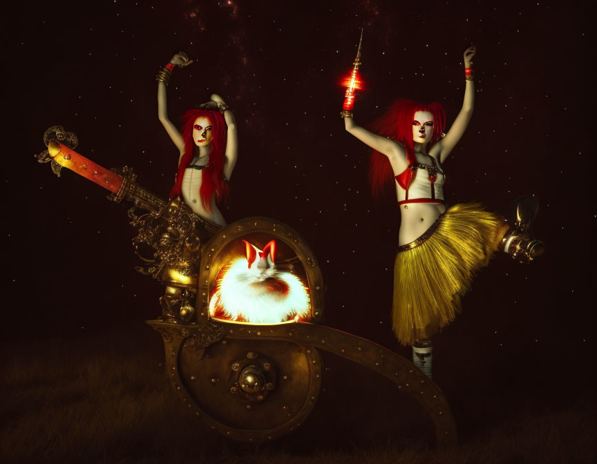 Stylized warrior women with red hair and face paint beside a glowing fox and cannon on a star