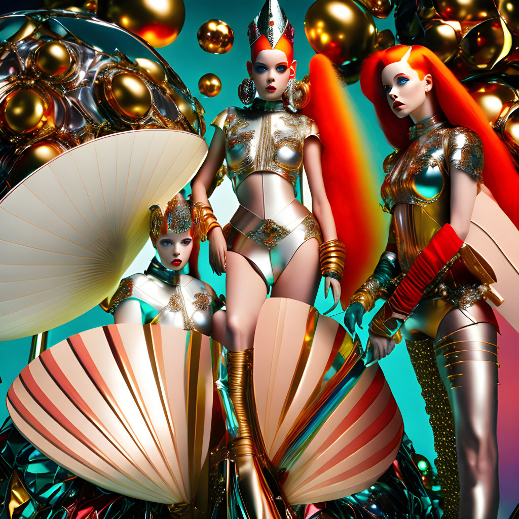 Three stylized female figures in golden outfits with ornate headpieces and fans on abstract background