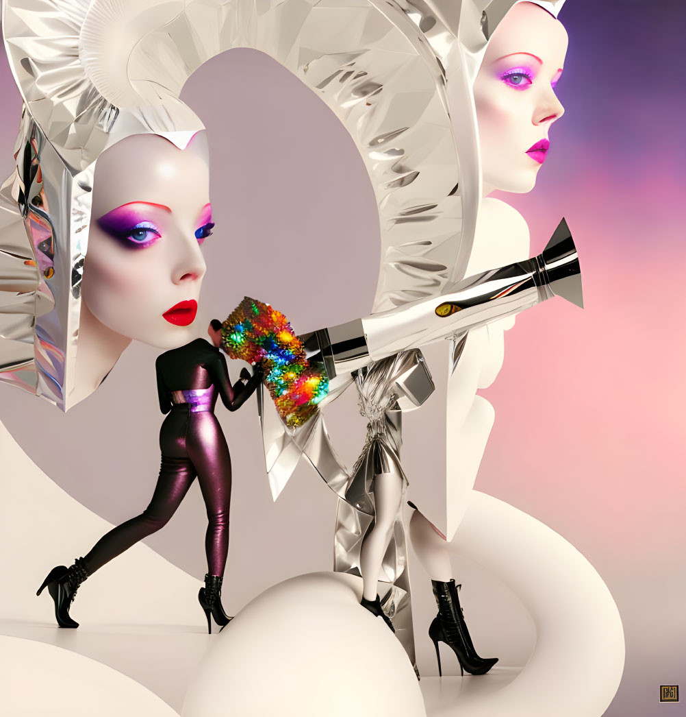 Futuristic female figures with exaggerated makeup and metallic costumes on pastel background