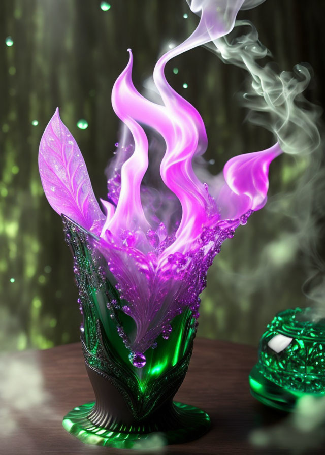 Colorful Digital Illustration: Green Glass with Purple Leaf and Pink Flames