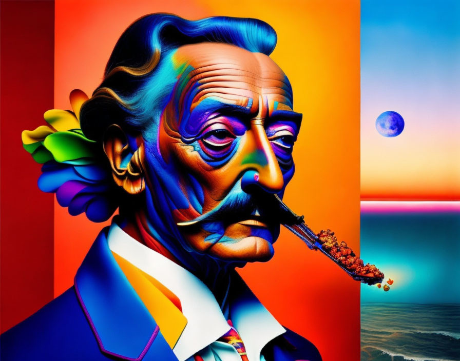 Vibrant surreal portrait of a man with a mustache and abstract elements