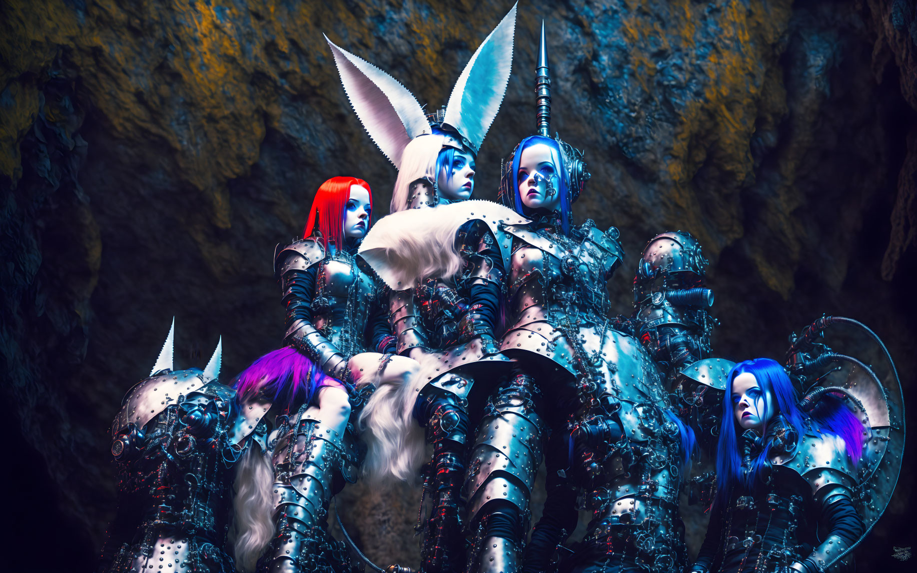 Fantasy group in vibrant armor with horns and spikes on rocky backdrop