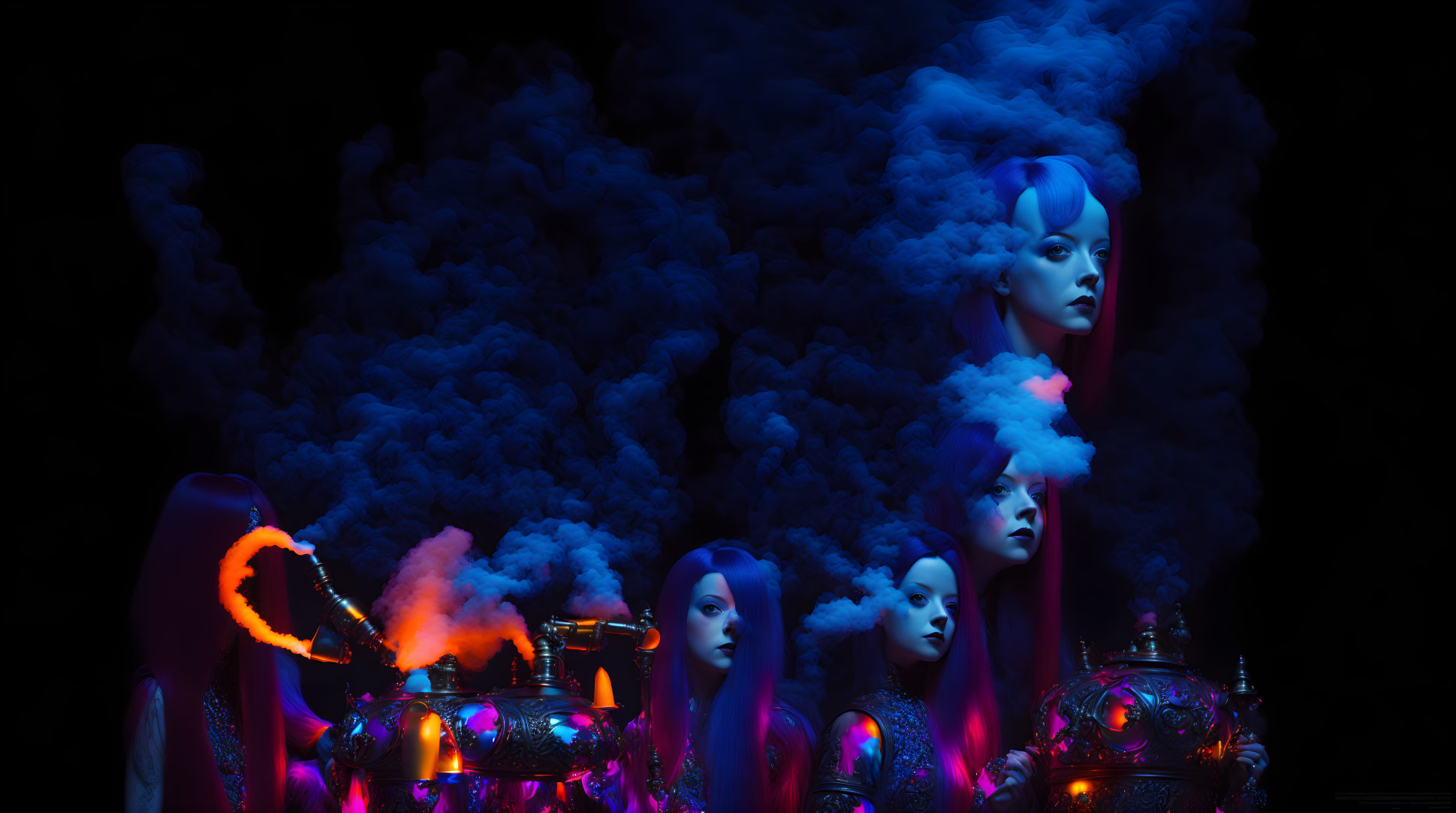 Surreal blue-lit scene: mannequin heads, smoke, silver teapots.
