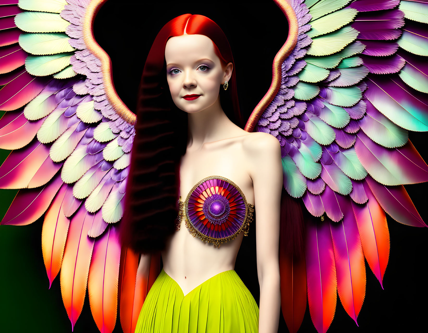 Colorful surreal portrait of a woman with feathered wings and mandala on dark background
