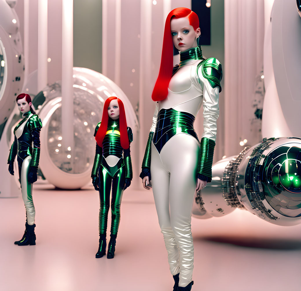 Futuristic female figures with red hair in white and black suits in a room with spherical silver objects