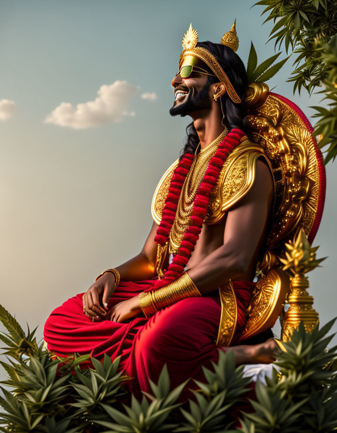 Smiling man with gold jewelry and headdress against ornate backdrop