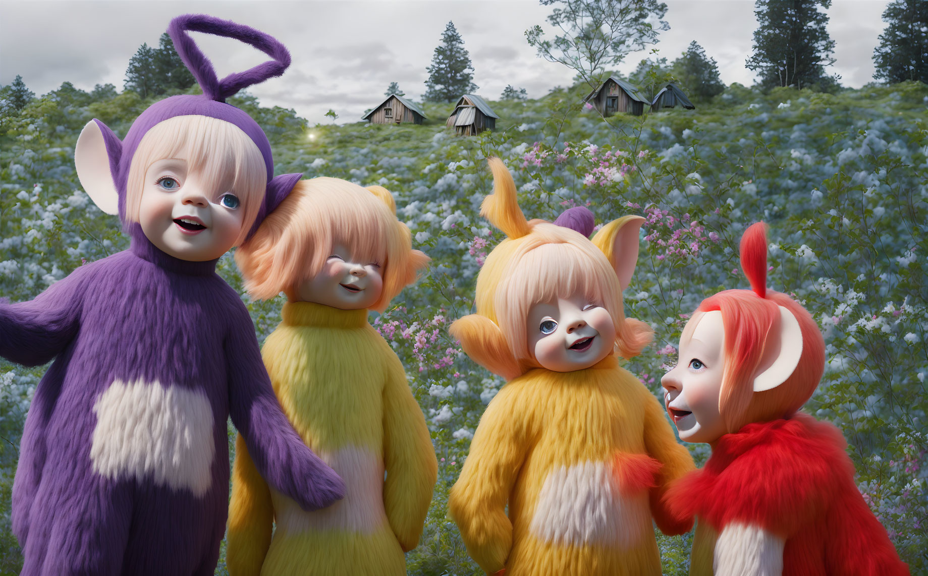 Colorful characters with pointy ears in furry costumes in flowery field.