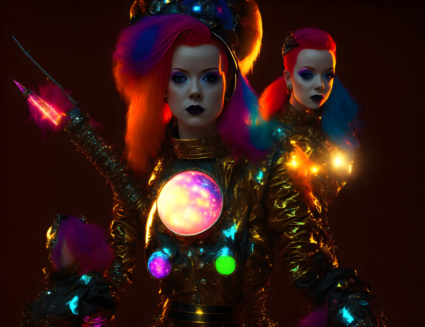 Futuristic women with vibrant hair in illuminated space suits on dark red backdrop