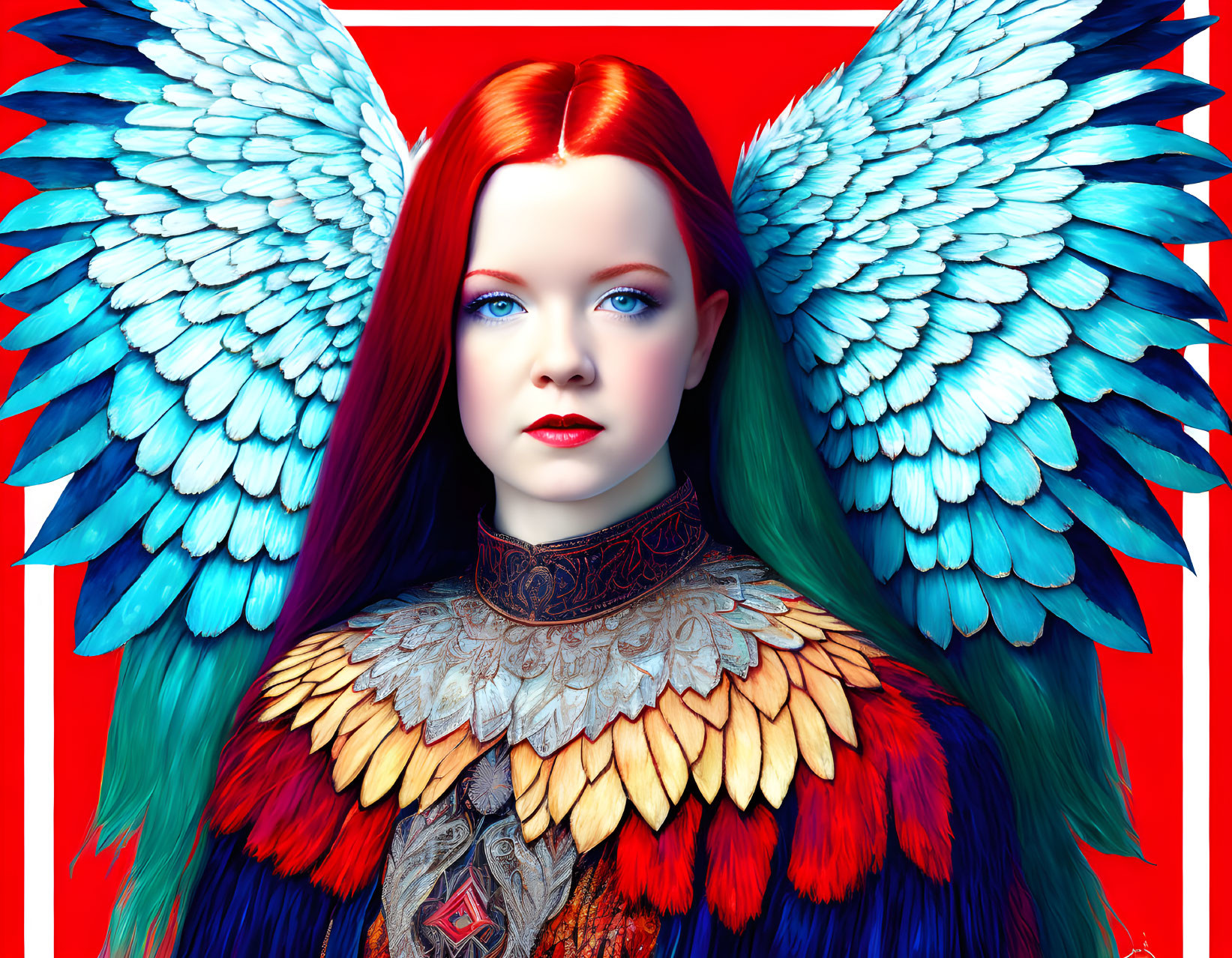 Digital artwork: Woman with red hair, blue eyes, vibrant blue feathered wings, and colorful shoulder