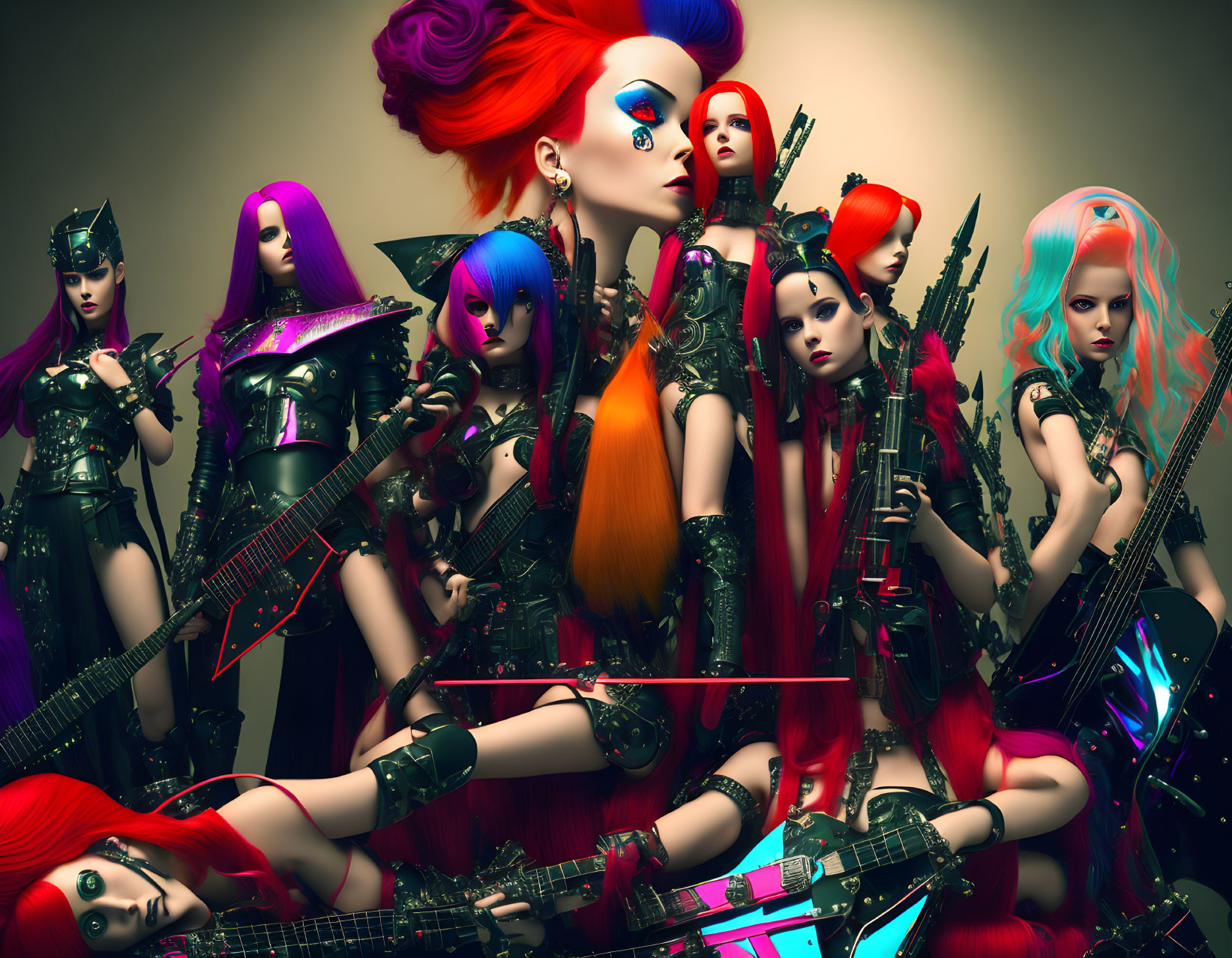 Futuristic female warriors with vibrant hair and elaborate armor in dramatic pose