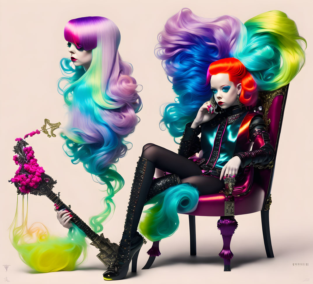 Stylized colorful characters with vibrant hair and edgy fashion, one with a guitar.