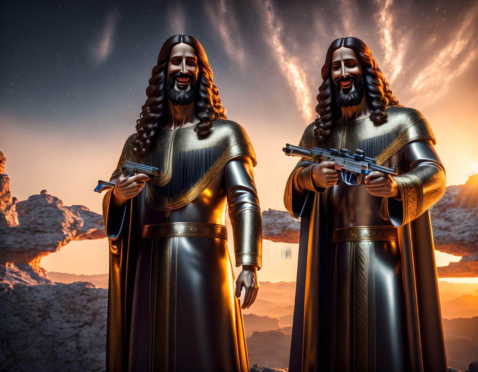 Identical Figures in Armor with Long Hair and Beards Holding Futuristic Weapons