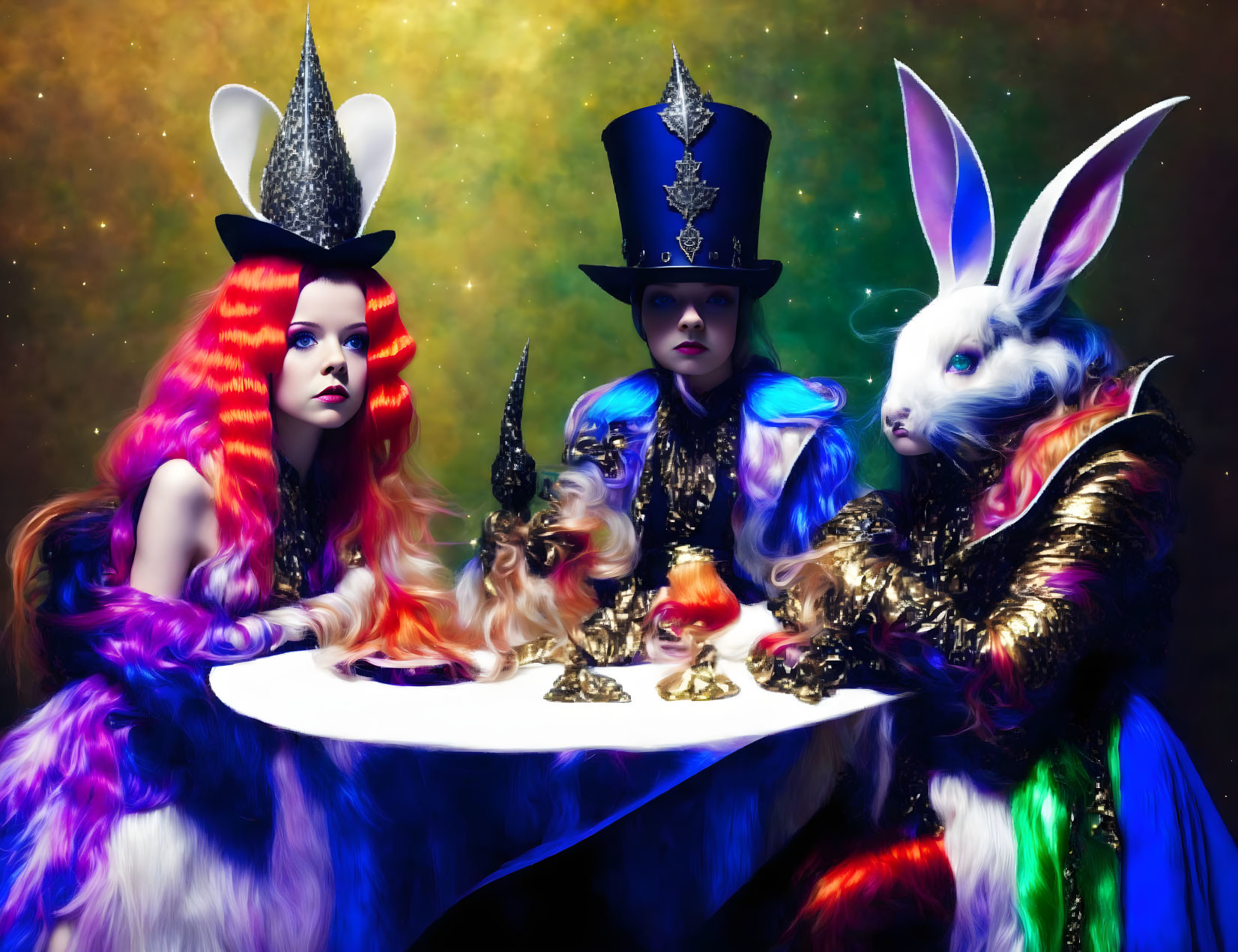 Colorful individuals in animal-themed costumes at ornate table with golden cups in celestial setting