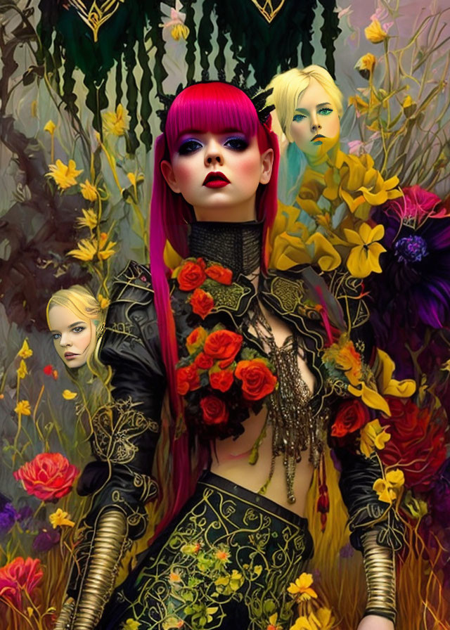 Stylized digital artwork: Magenta-haired woman with avant-garde makeup and vivid flowers.