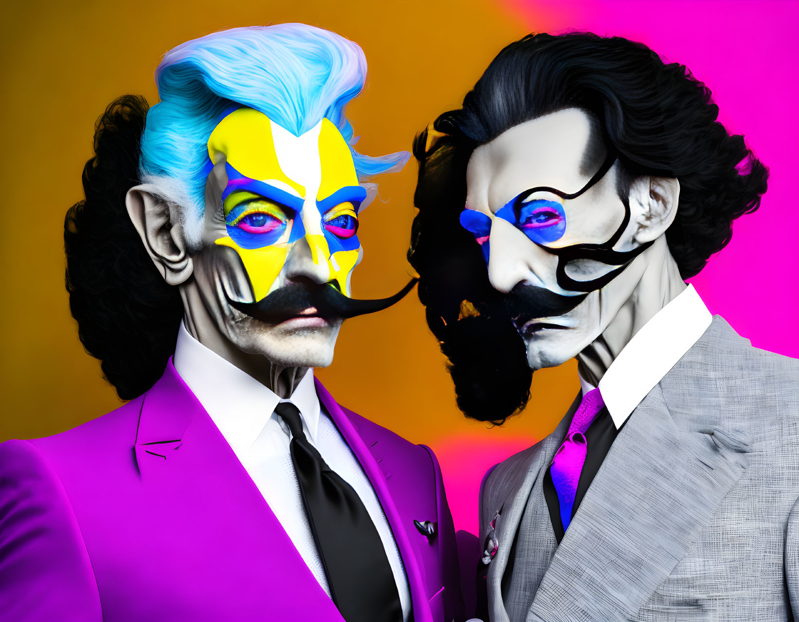 Colorful Face Paint on Two Individuals in Suits Against Split Background