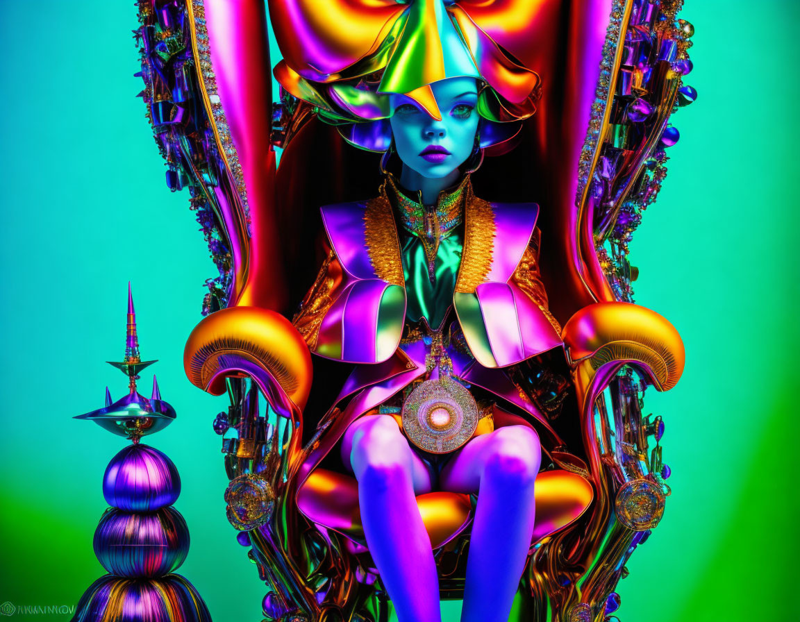 Futuristic blue-skinned female figure on vibrant digital throne