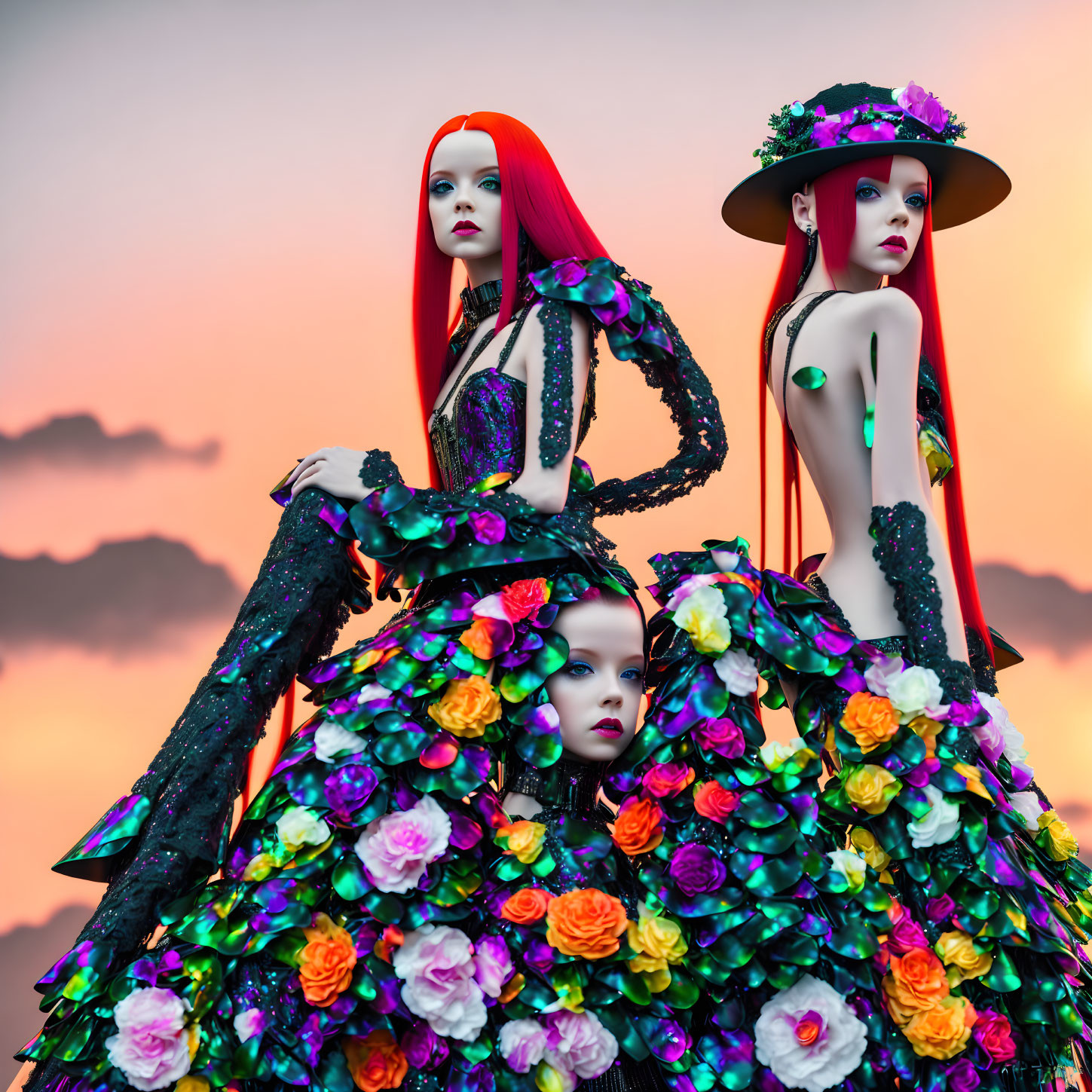 Mannequins in Floral Dresses Under Sunset Sky