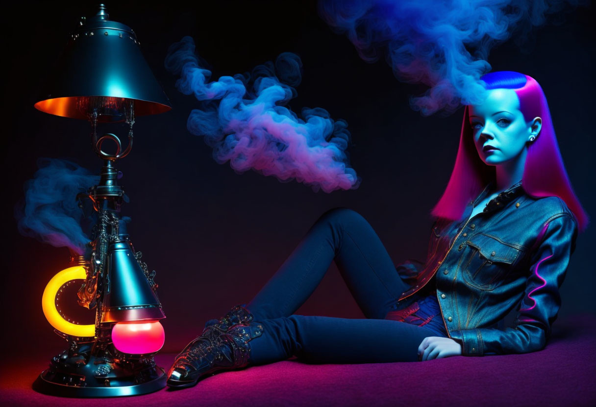Blue-haired woman next to hookah in dark, moody setting