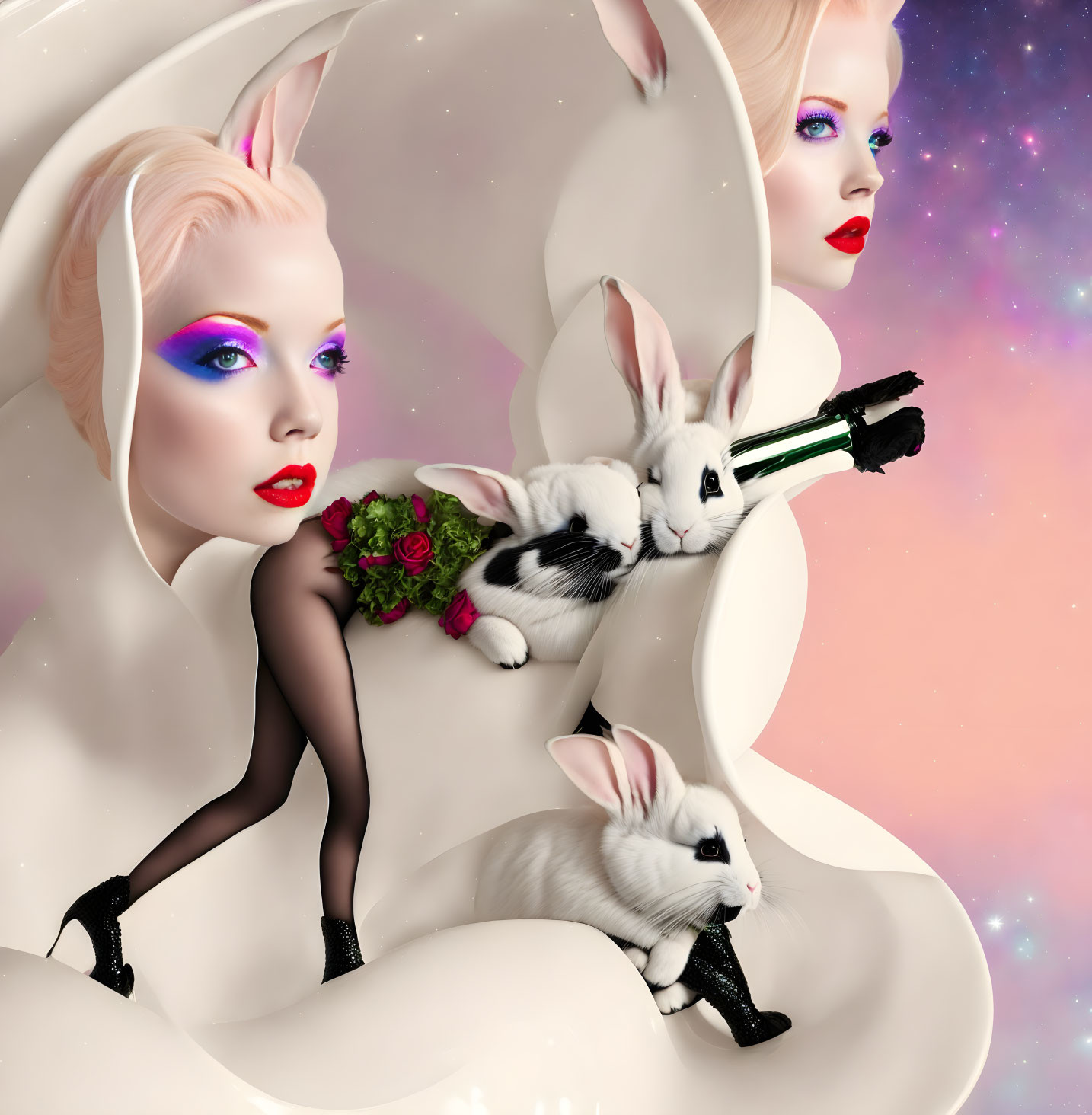 Surreal image: woman with rabbit ears, rabbits, cosmic background