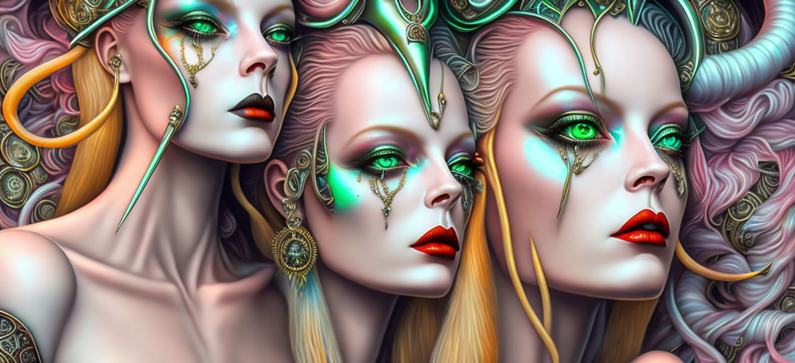 Three fantasy women with intricate horned headpieces, green eye makeup, and bold red lips on orn