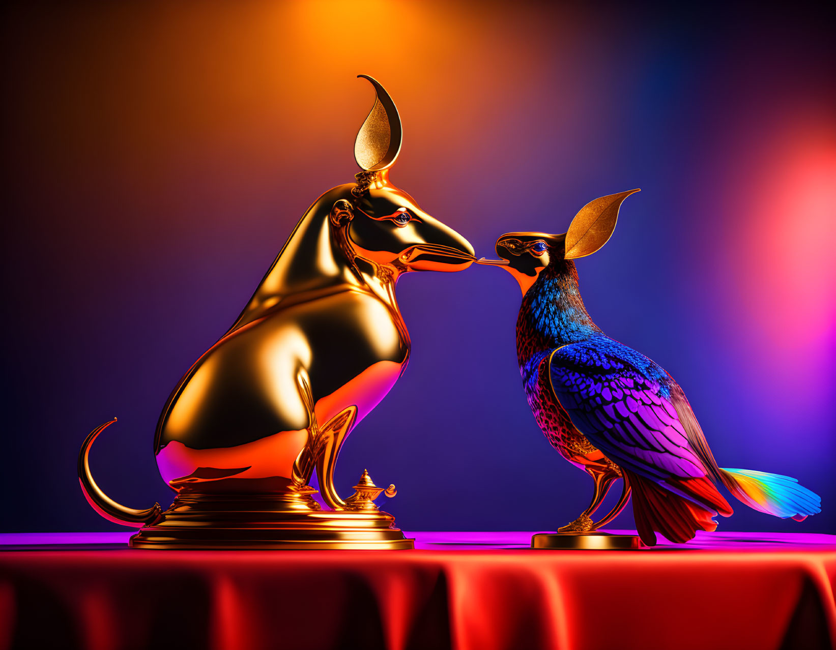 Golden Anubis statue meets vibrant peacock on richly colored backdrop