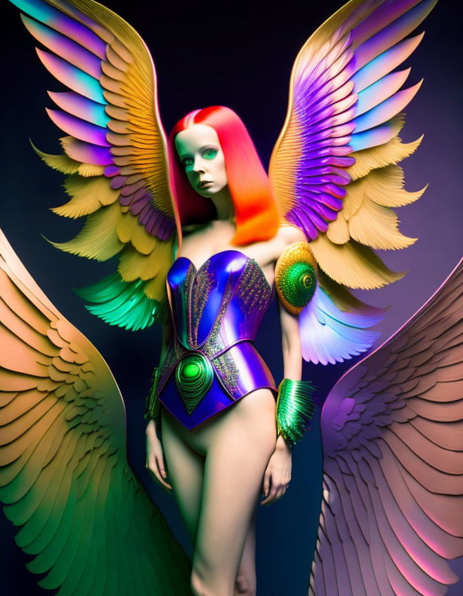 Vivid winged woman in futuristic corset on dark backdrop