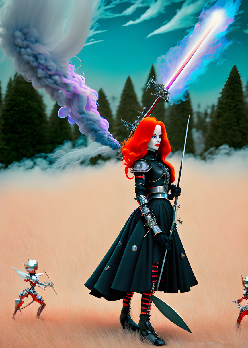 Red-Haired Warrior with Sword and Spear Faces Armored Foes in Fantasy Forest