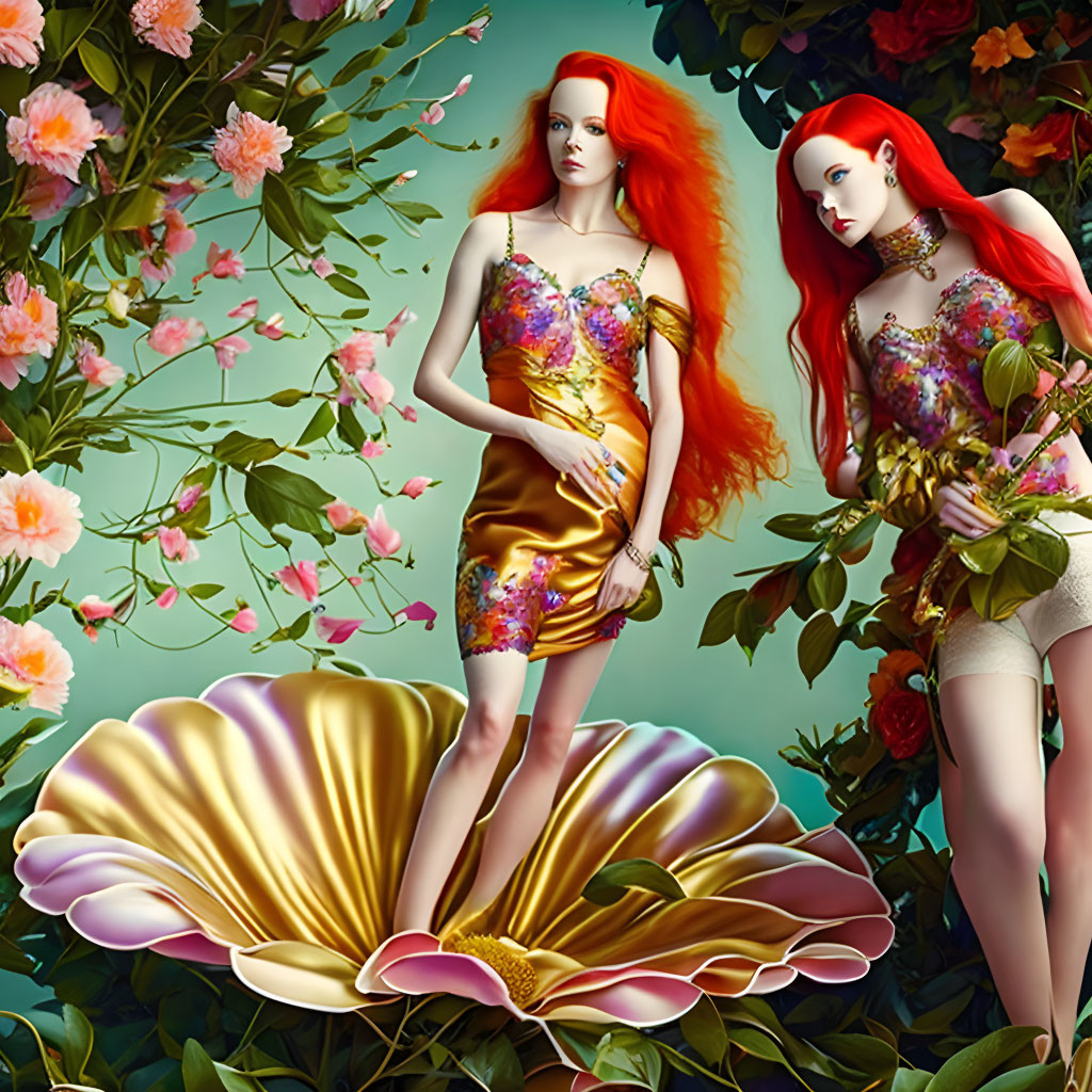 Stylized women with red hair in floral dresses and jewelry near giant seashell and flowers