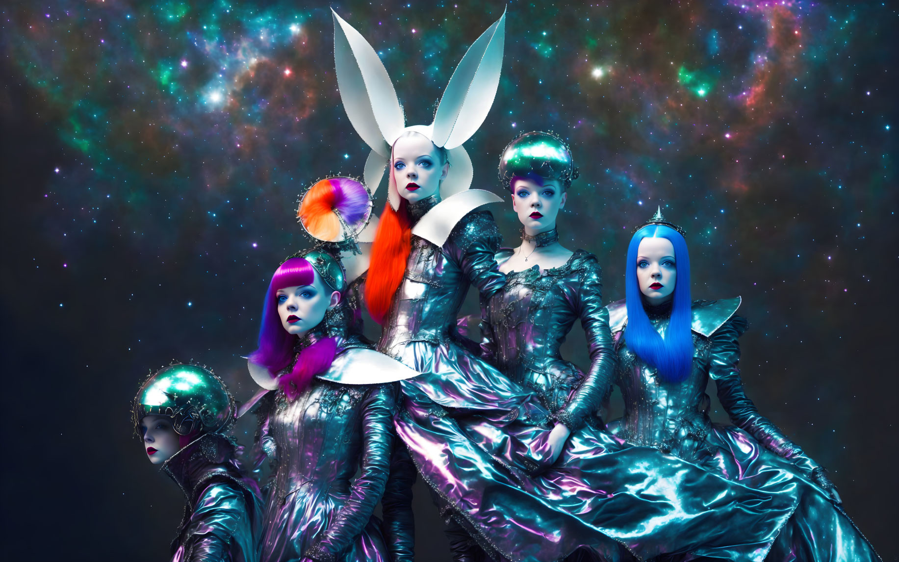 Four models in futuristic metallic outfits and avant-garde hairstyles against cosmic backdrop