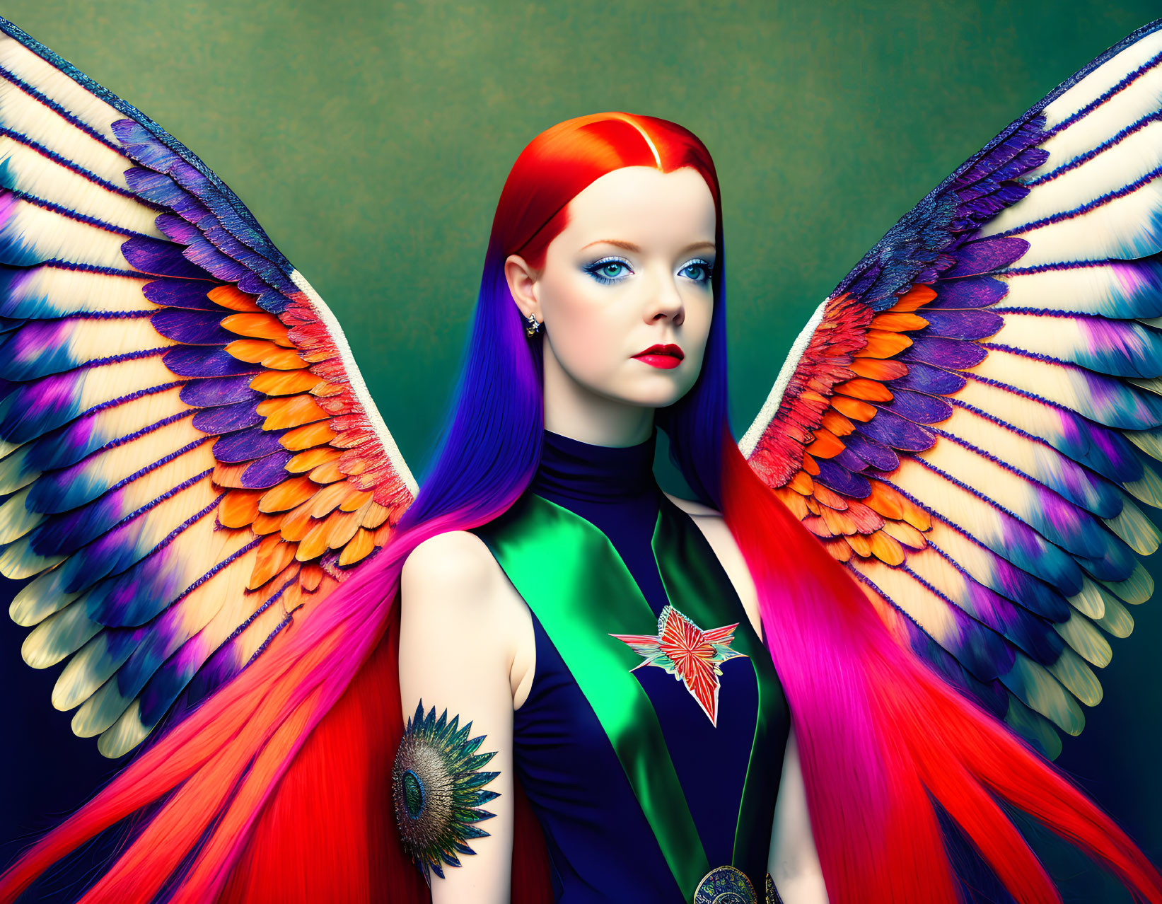 Vibrant red-haired woman with bird wings in multicolored outfit