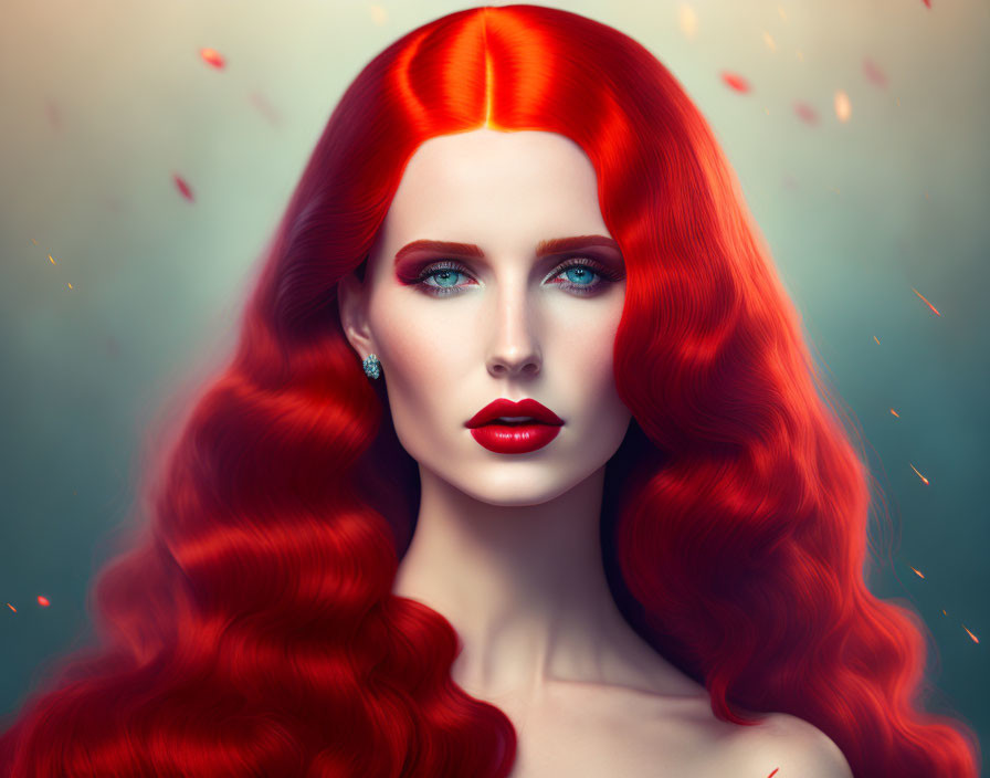 Vibrant red-haired woman with blue eyes and red lipstick portrait.