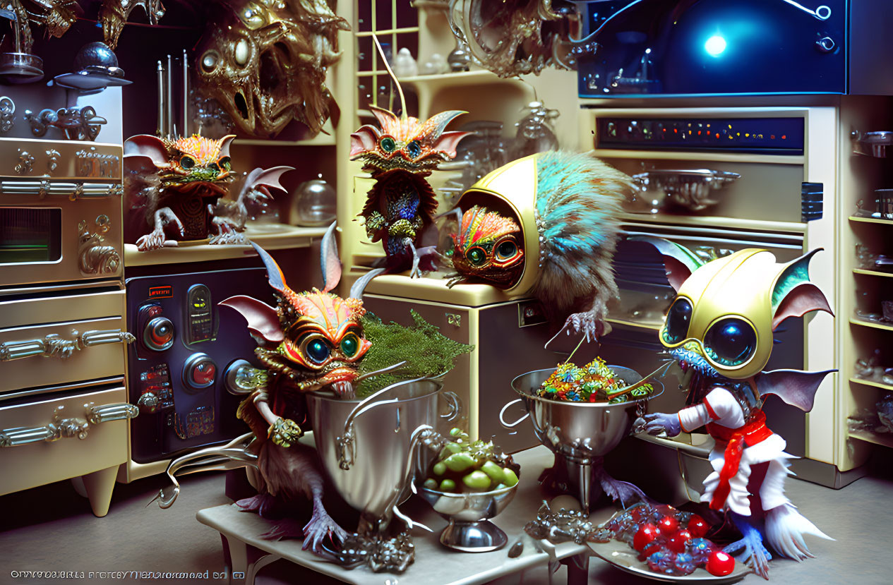 Fantastical creatures cooking in futuristic kitchen