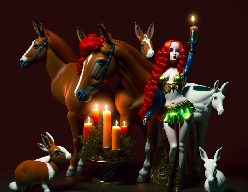 Fantasy-themed artwork with woman holding candle surrounded by animals