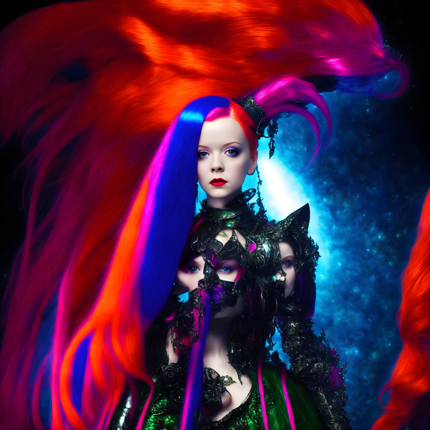 Colorful portrait of a woman with red and purple hair, masked figures, and cosmic background.