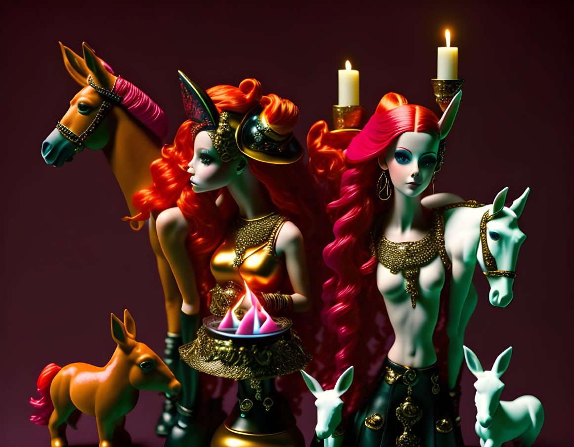 Fantasy elfin figures with red hair, horses, and mystical creatures in dark setting
