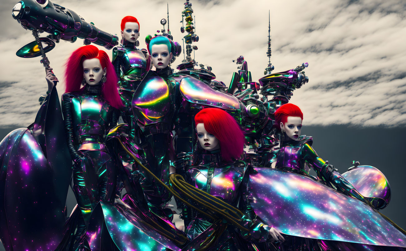 Five humanoid robots with iridescent bodies and red hair on cloudy sky backdrop