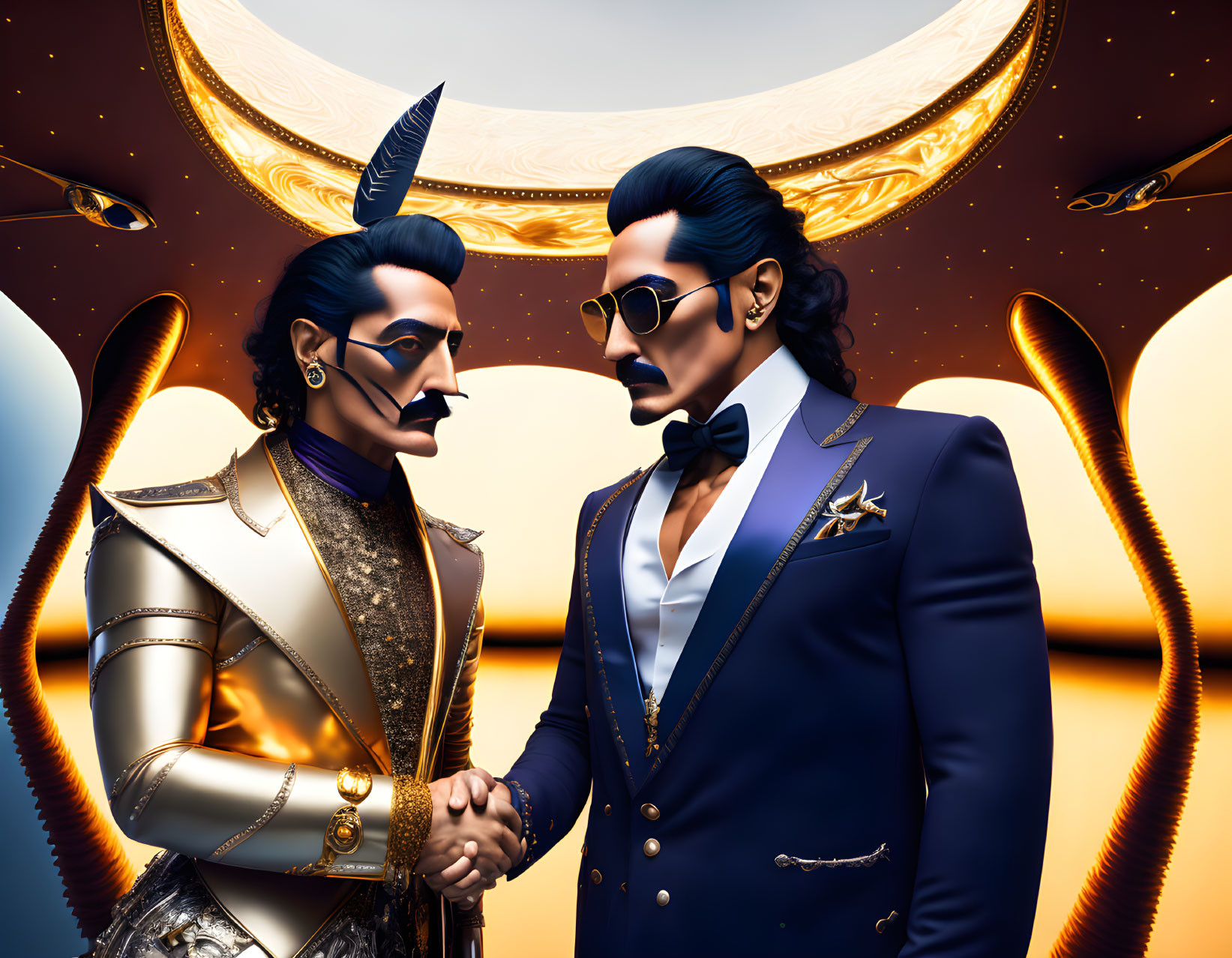 Stylized male figures in formal attire shaking hands against surreal background