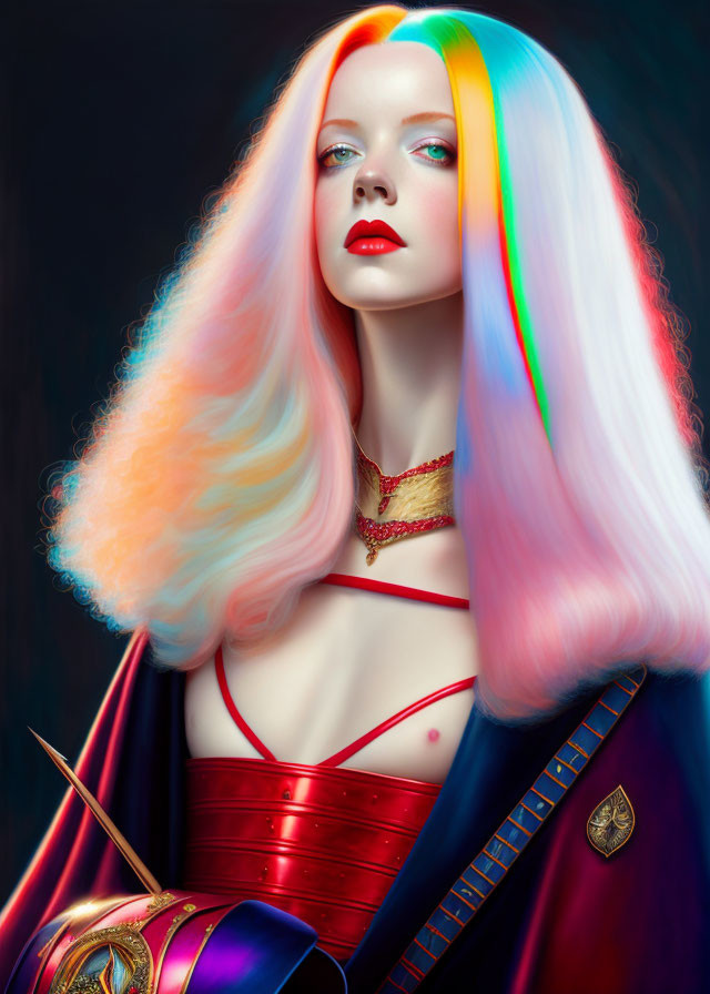 Colorful portrait of a woman with rainbow hair, red corset, and medieval helmet