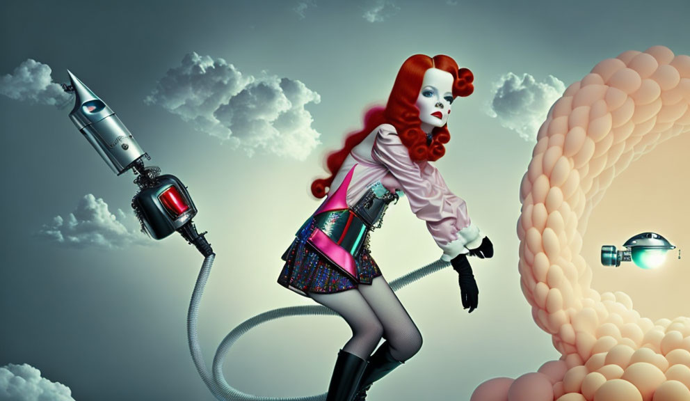 Surreal artwork: Red-haired woman in futuristic attire with rocket hose, cloudy sky.